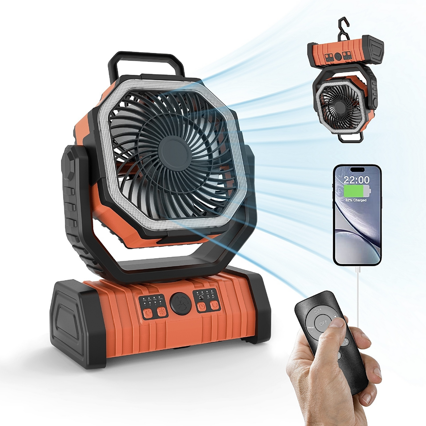 Ventilador de acampamento com luz LED e power bank externo para uso doméstico