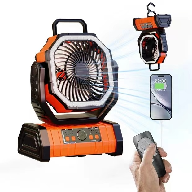 Ventilador de acampamento com luz LED e power bank externo para uso doméstico