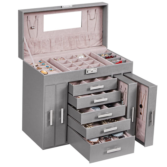 ANWBROAD Huge Jewelry Box Jewelry Organizer 6 Tier Jewelery Case Storage with Lock Mirror Jewelry Chest Large Jewellery Organizer for Earrings Rings Necklaces Bracelets Gift Grey Faux Leather UJJB018H
