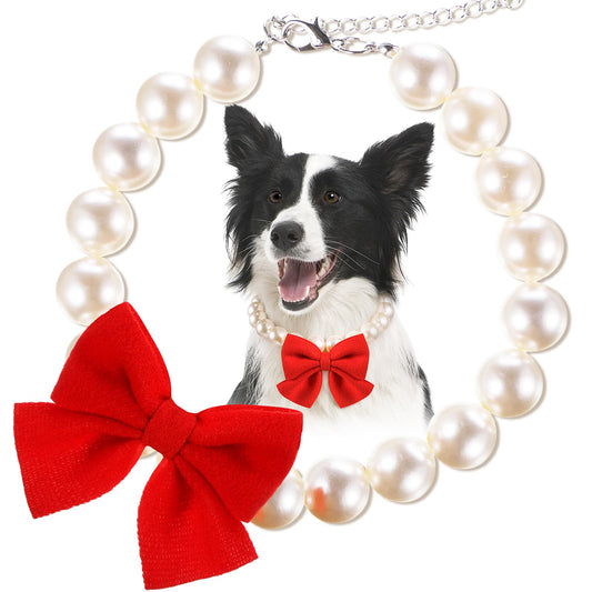 LEIFIDE Chunky Pearl Dog Necklace with Red Bow 20mm Large Bead Pearl Dog Collar Big Pearl Collar Adjustable Necklace Jewellery Accessories for Medium Large Dog Clothing Outfit Xmas Gift(14 Inch Long)