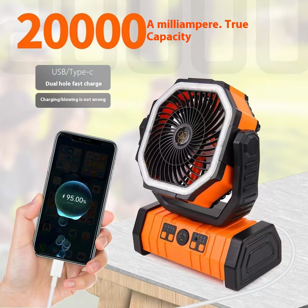 Ventilador de acampamento com luz LED e power bank externo para uso doméstico