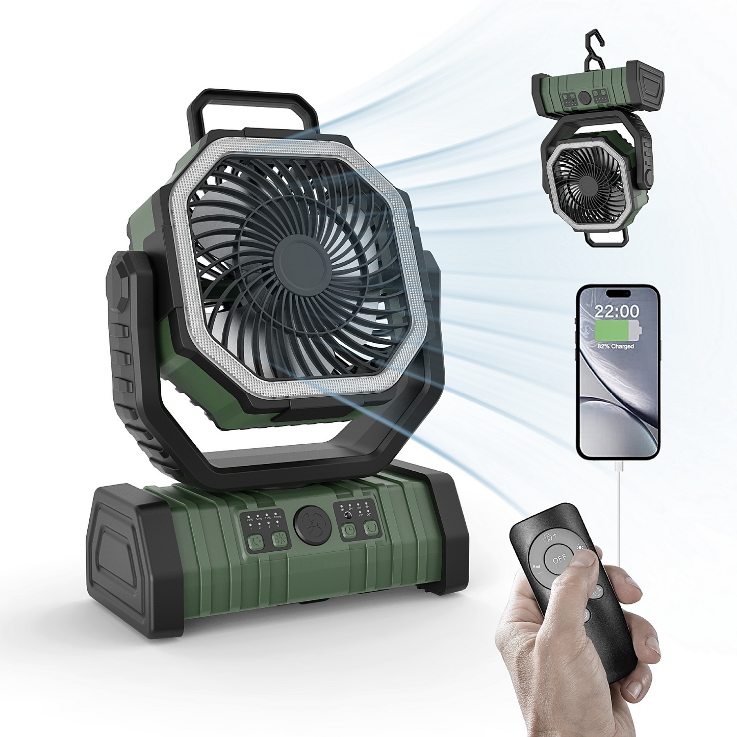 Ventilador de acampamento com luz LED e power bank externo para uso doméstico