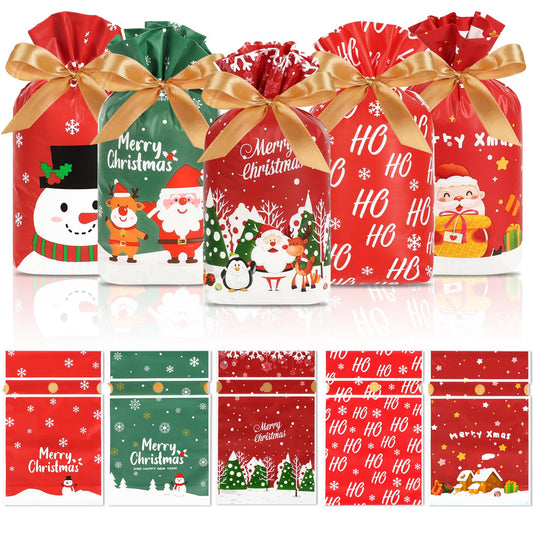 HRX Pacote com 50 Sacos de Natal com Cordão 14,7x22,8x6cm Sacos de Presente de Natal Pequenos para Doce Biscoito para presentear