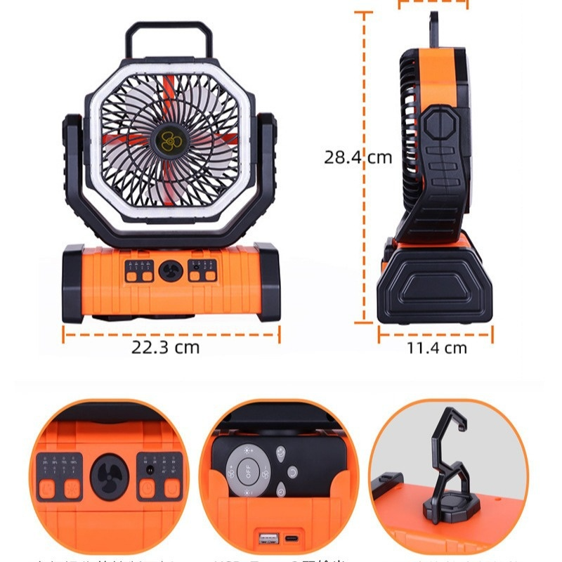 Ventilador de acampamento com luz LED e power bank externo para uso doméstico